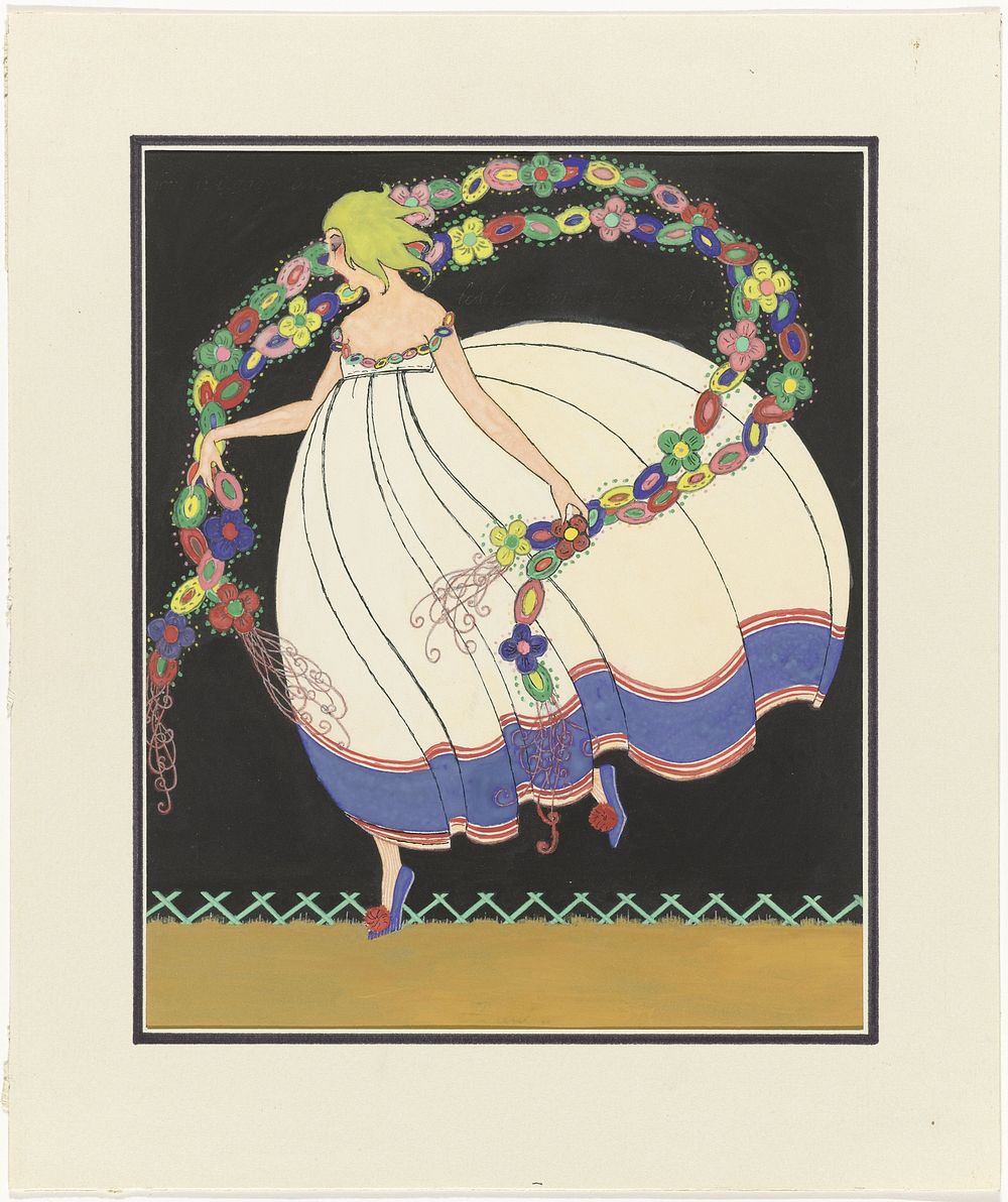 Vrouw in wijde jurk, guirlande in de handen (c. 1910 - c. 1920) by anonymous