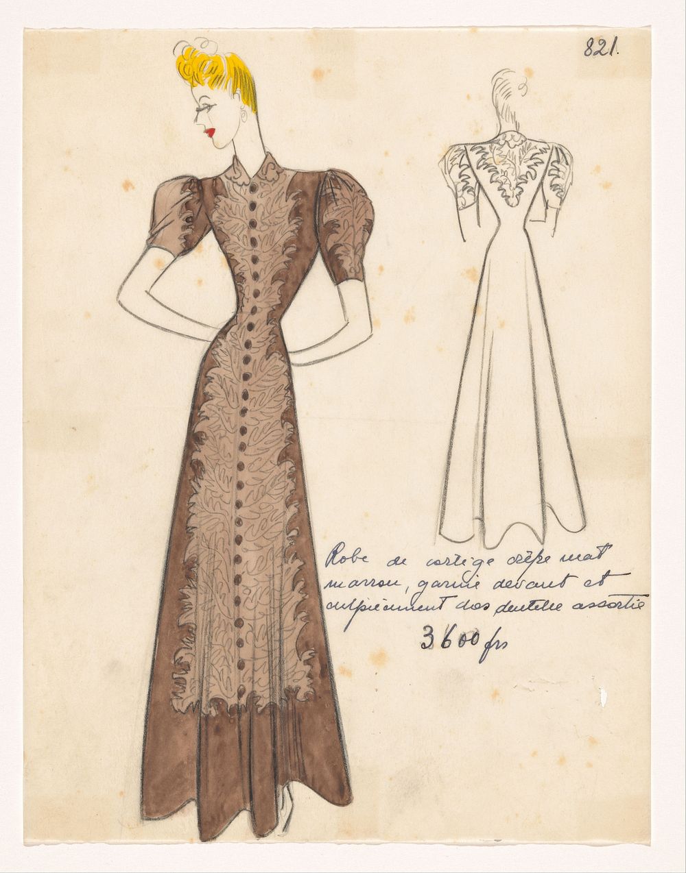 Robe de cortège crêpe mat marron, garnie devant et empiècement dos dentelle assortie. (1938 - 1939) by Jean Dessès