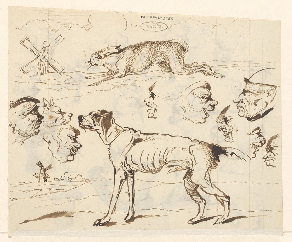 Koppen, molens, jachthond en haas (1840 - 1870) by Johannes Tavenraat