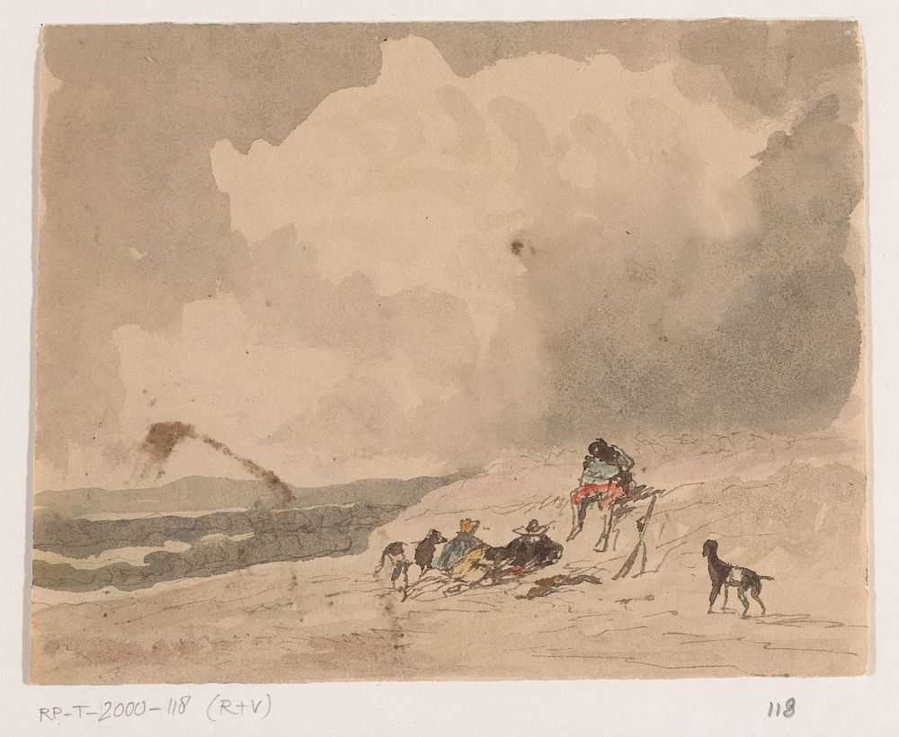 Rustende jagers in een landschap (1845) by Johannes Tavenraat