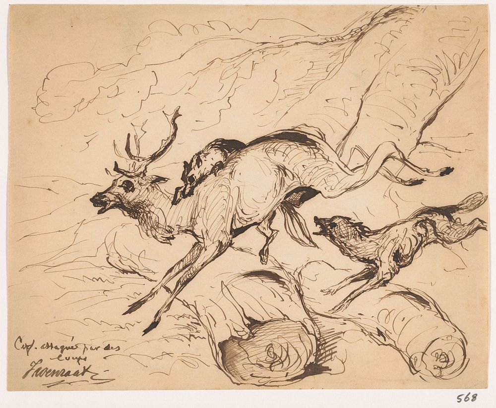 Hert aangevallen door wolven (1840 - 1880) by Johannes Tavenraat