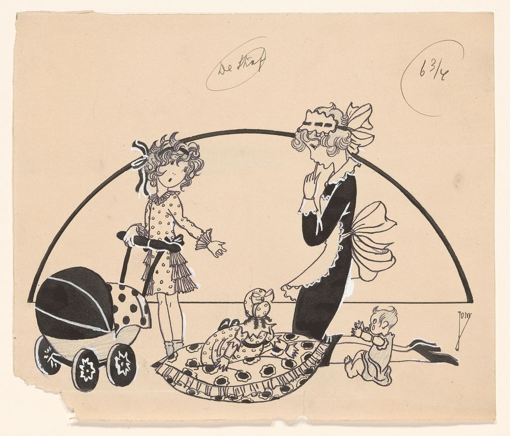Twee meisjes spelen met poppen (1875 - 1925) by Jony
