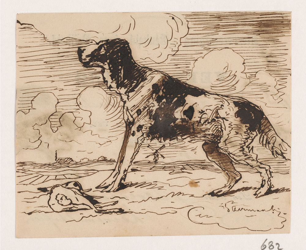 Jachthond bij een haas (1840 - 1880) by Johannes Tavenraat