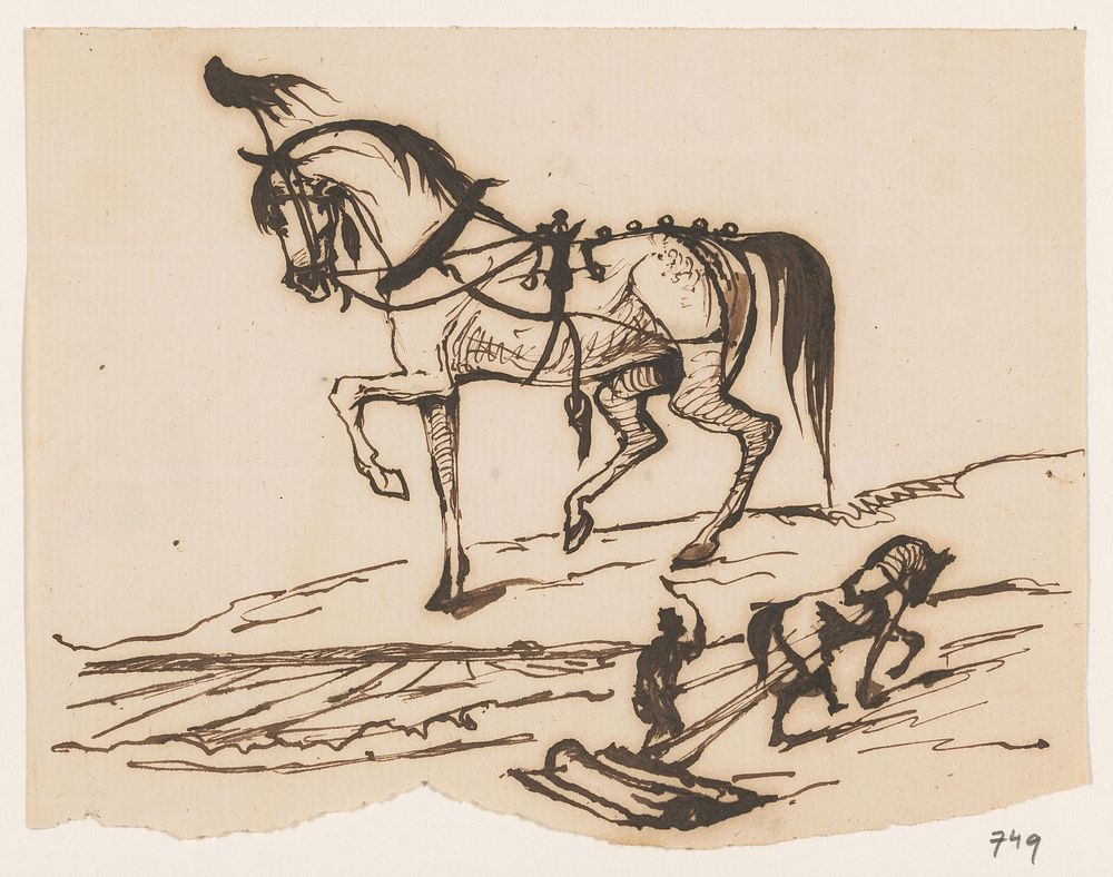 Twee schetsen van een paard met zadel en hoofdtooi en van paard dat een eg over het land trekt (1840 - 1880) by Johannes…