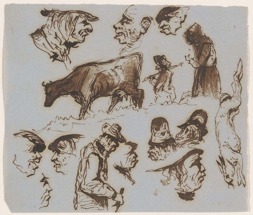 Blad met schetsen van koppen, een koe en een haas (1840 - 1880) by Johannes Tavenraat