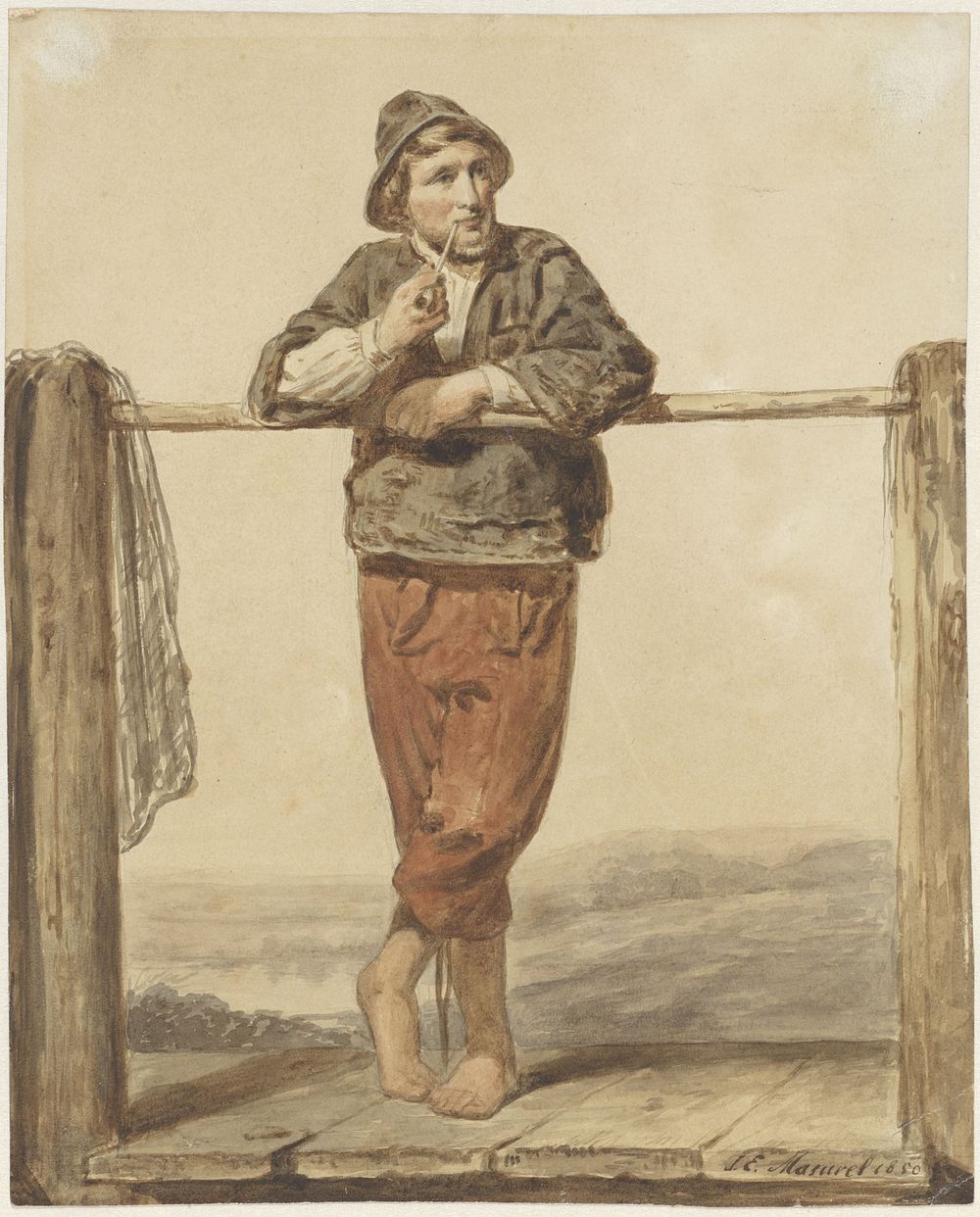 Pijprokende, staande man met, van voren (1850) by Johannes Engel Masurel