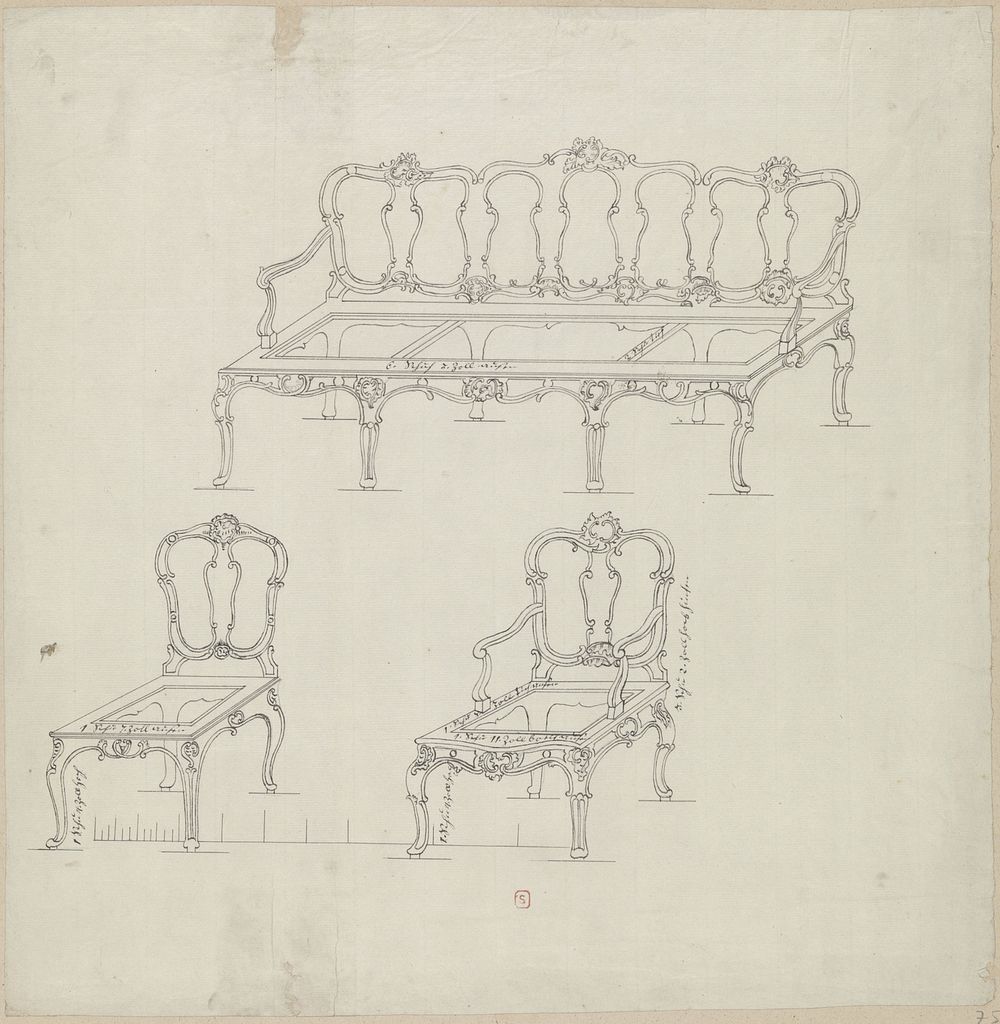 Ontwerp voor canapé, armstoel en stoel (c. 1750 - c. 1765) by anonymous