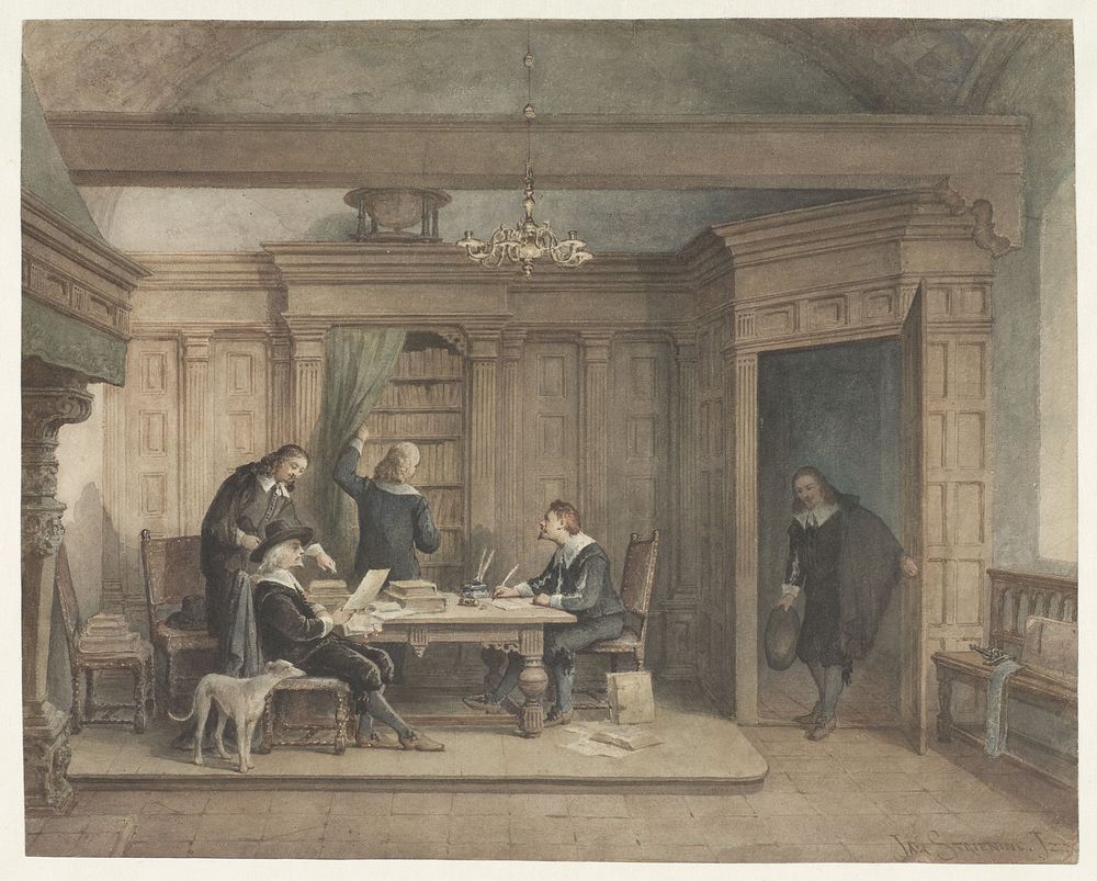 Vijf mannen in interieur (c. 1837 - c. 1903) by Jan Striening