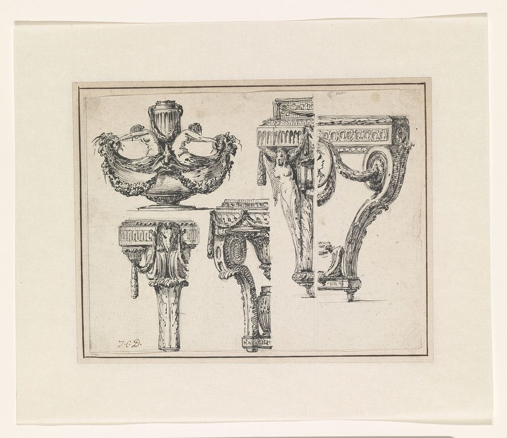 Two designs for tables, stands, a vase and a bowl on a stand (c. 1765 - c. 1780) by Jean Charles Delafosse