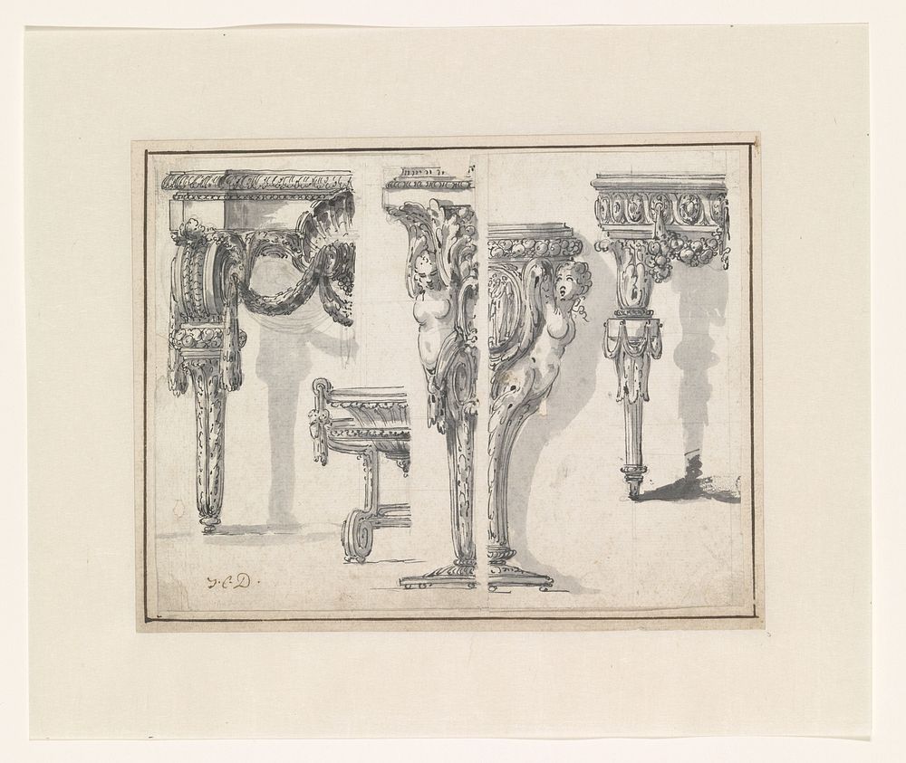 Two designs for tables, stands, a vase and a bowl on a stand (c. 1765 - c. 1780) by Jean Charles Delafosse