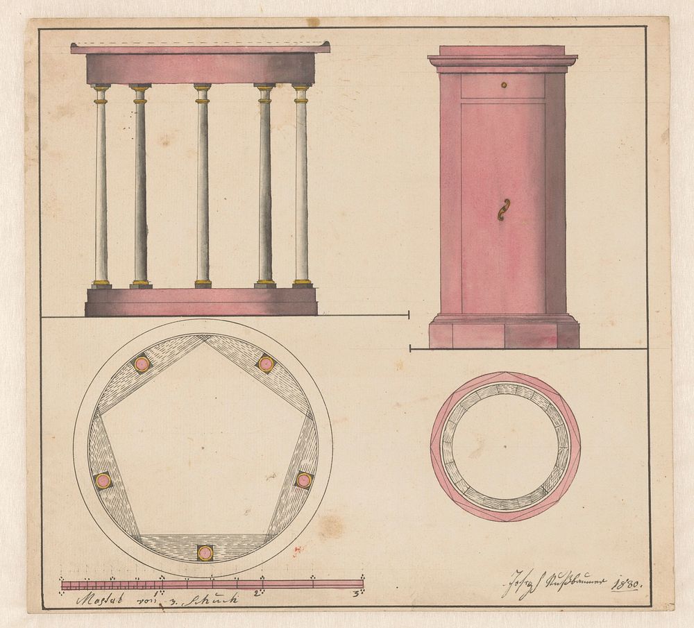 Ontwerp voor ronde tafel en rond nachtkastje (1820) by Joseph Nussbaumer