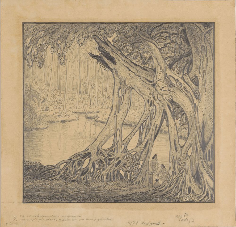 Tropisch bos met baadsters (1905 - 1930) by Wijnand Otto Jan Nieuwenkamp