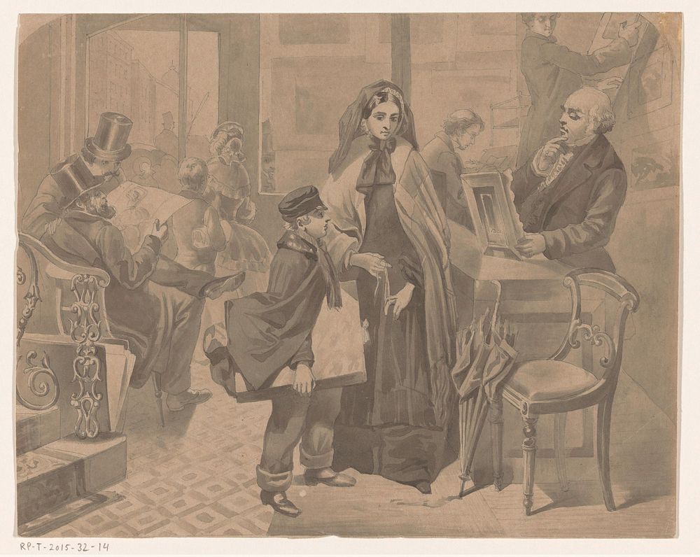 Moeder en zoon bij een kunsthandelaar (in or after 1857 - c. 1900) by anonymous and Emily Mary Osborn