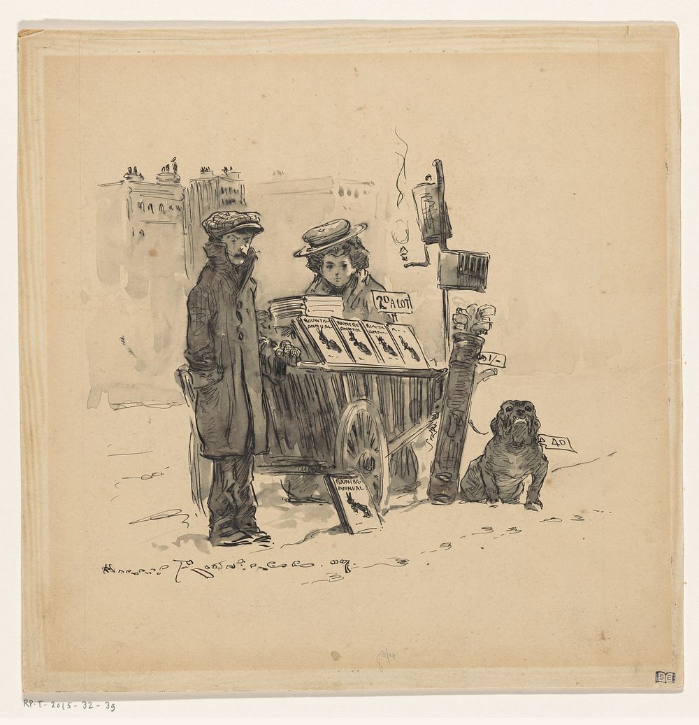 Winters straatgezicht met en man en een vrouw met een handkar (c. 1907) by Harry Rountree
