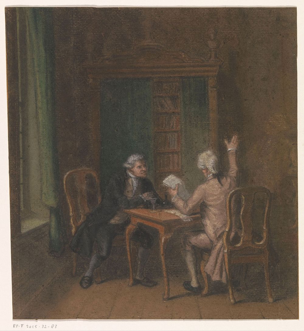 Interieur met twee mannen aan een tafel (1800 - 1899) by anonymous