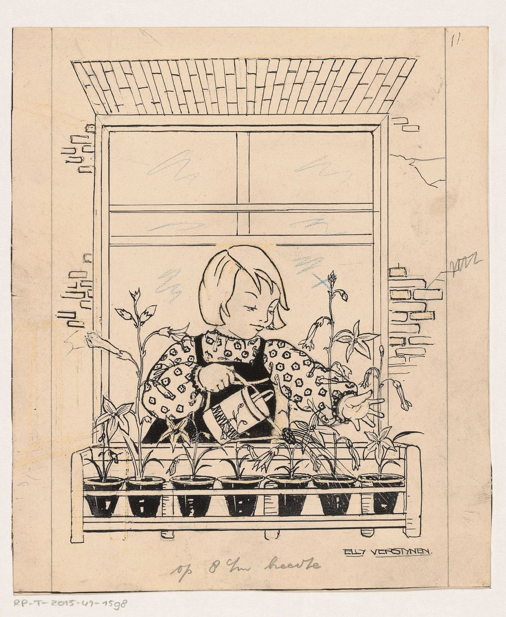 Meisje geeft planten water (c. 1900 - c. 1930) by Elly Verstijnen