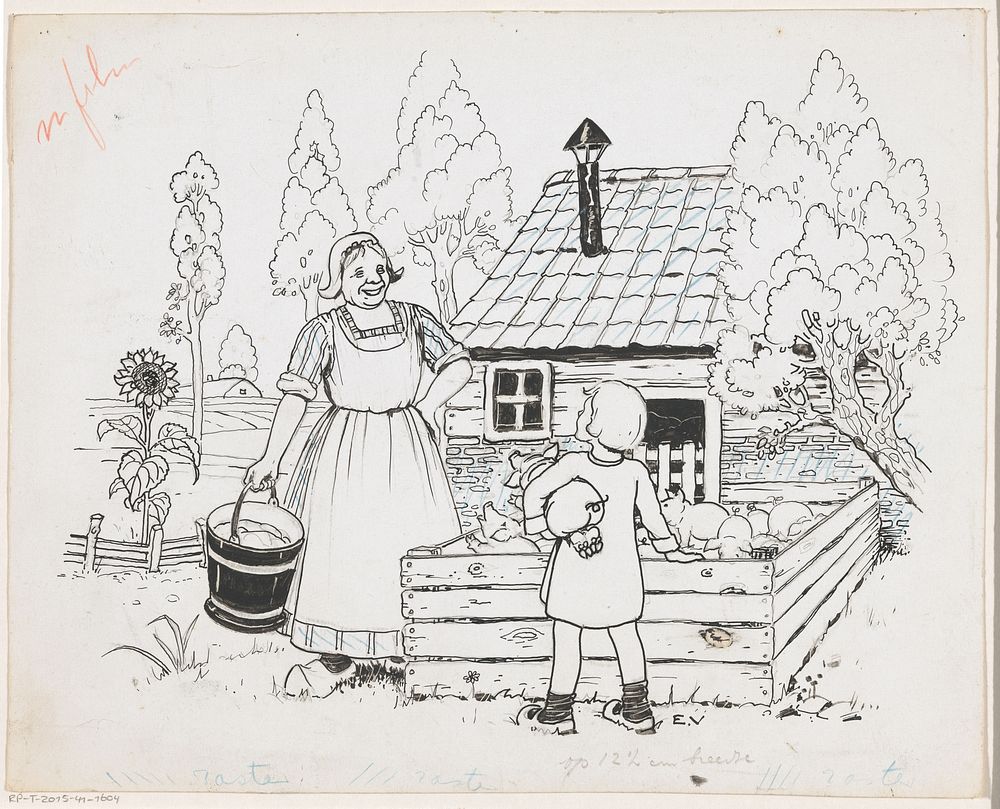 Boerin en meisje bij een varkenskot (c. 1900 - c. 1930) by Elly Verstijnen