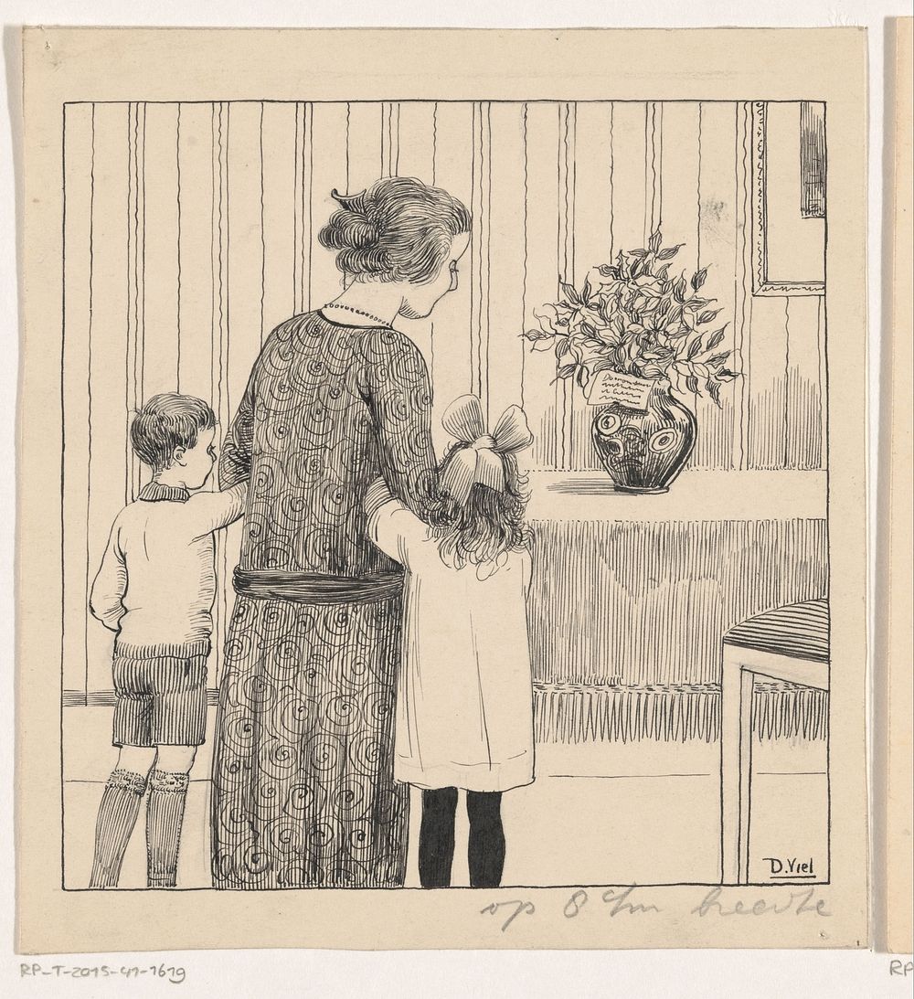 Huib, Zus en Moes kijken naar een boeket met hulst (in or before 1924) by D Viel