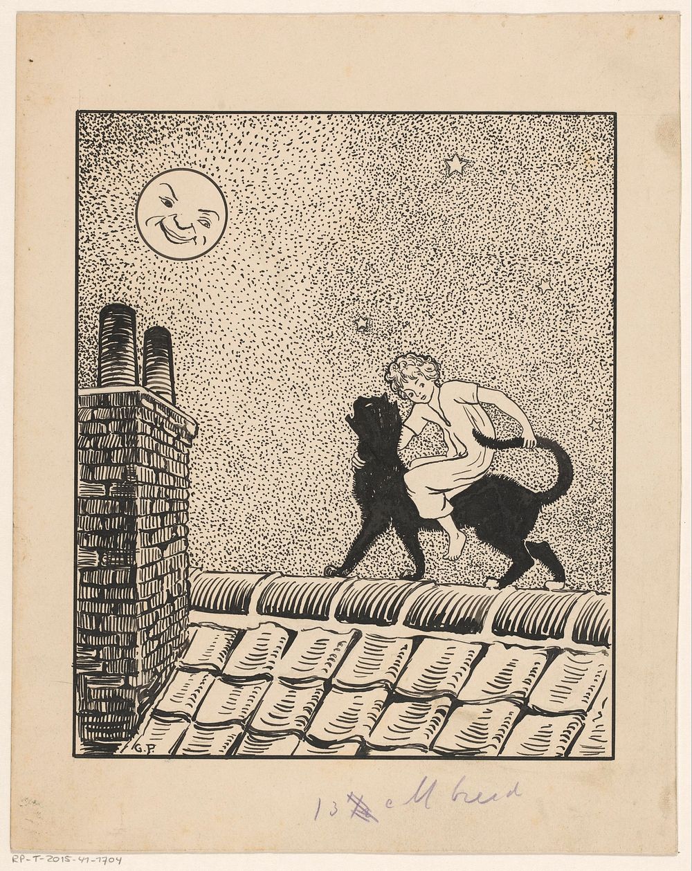 Meisje rijdt op een kat over de daken (1887 - 1911) by Gust van de Wall Perné