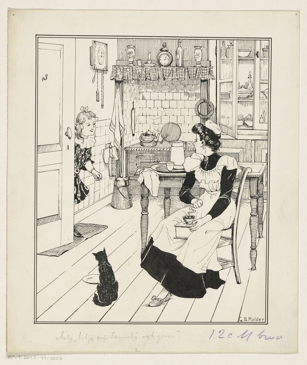 Meisje en een dienstmeid in een keuken (1885 - 1938) by Gillis Bernhard Mulder