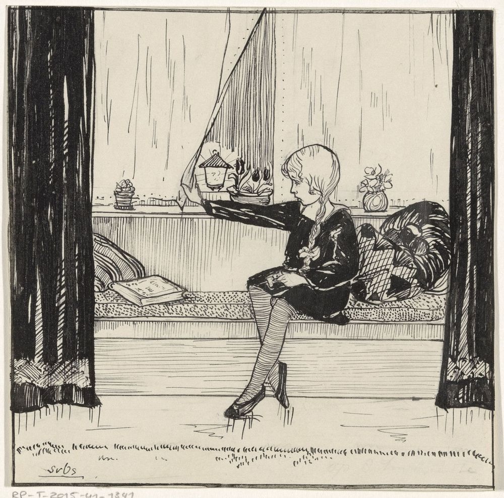 Zittend meisje in een vensterbank (c. 1900 - c. 1940) by S van Os