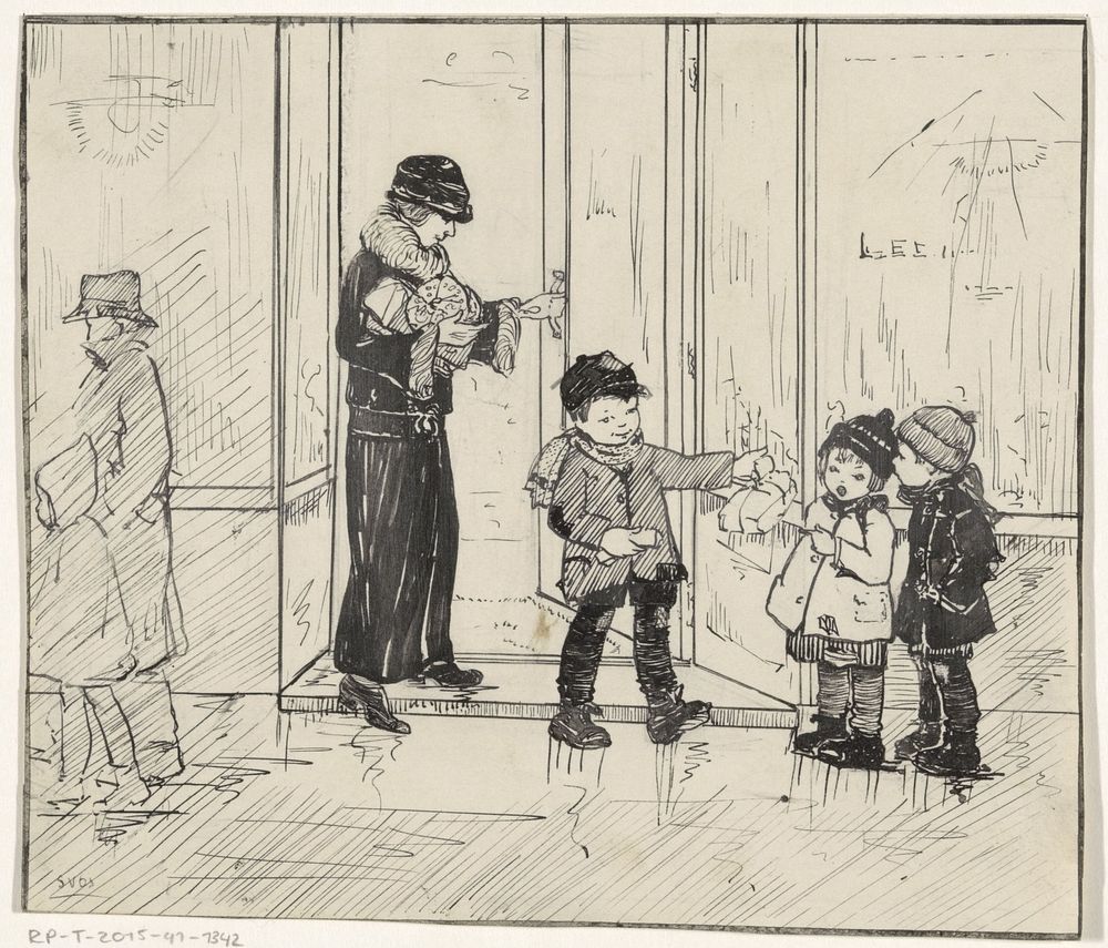 Jongen en moeder verlaten een winkel (c. 1900 - c. 1940) by S van Os