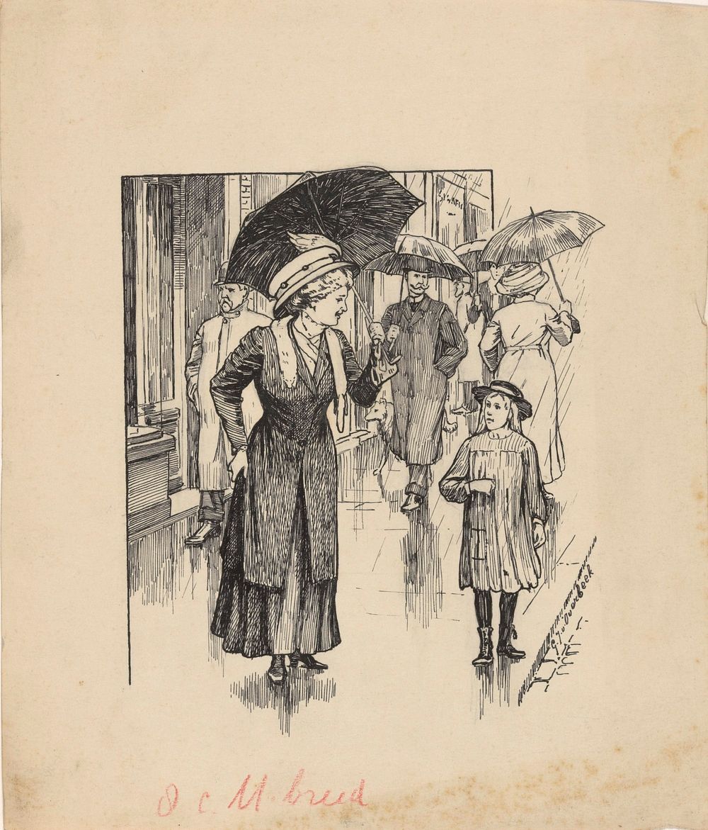 Vrouw en meisje op een regenachtige straat (1892 - 1947) by Gijsbertus Johannes van Overbeek