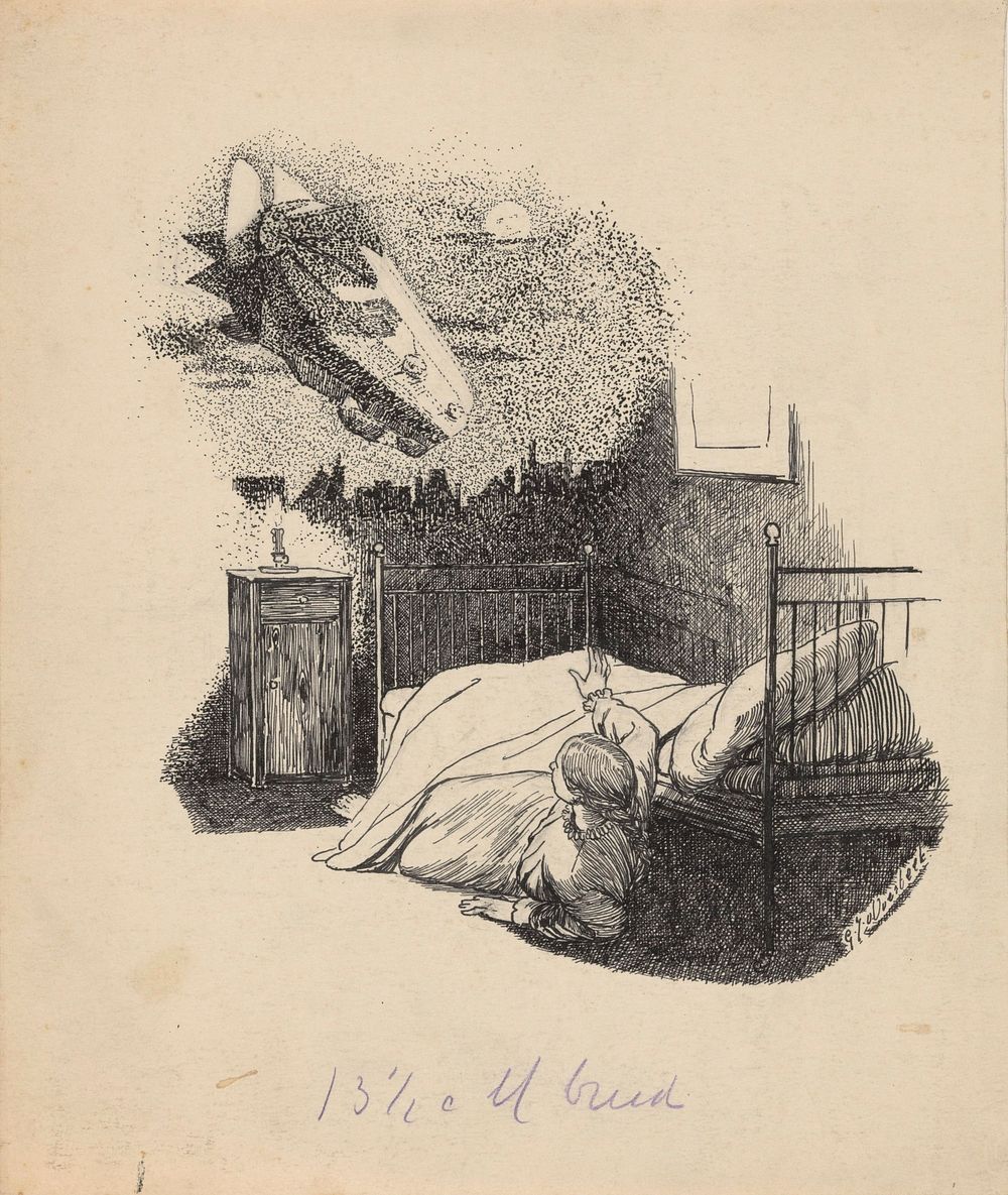 Meisje ziet een zeppelin vanuit bed (1892 - 1947) by Gijsbertus Johannes van Overbeek