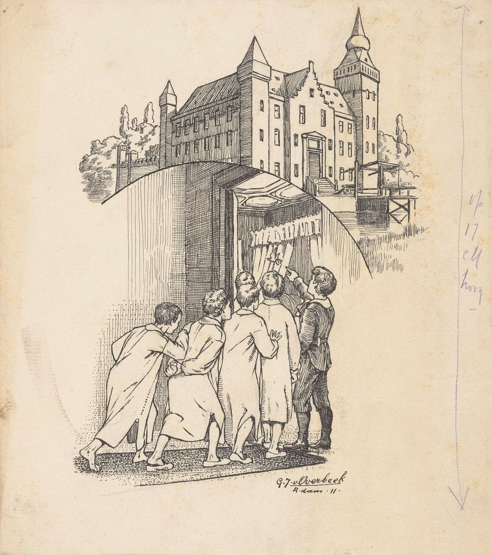 Kasteel en jongens kijkend naar een vogel (1911) by Gijsbertus Johannes van Overbeek