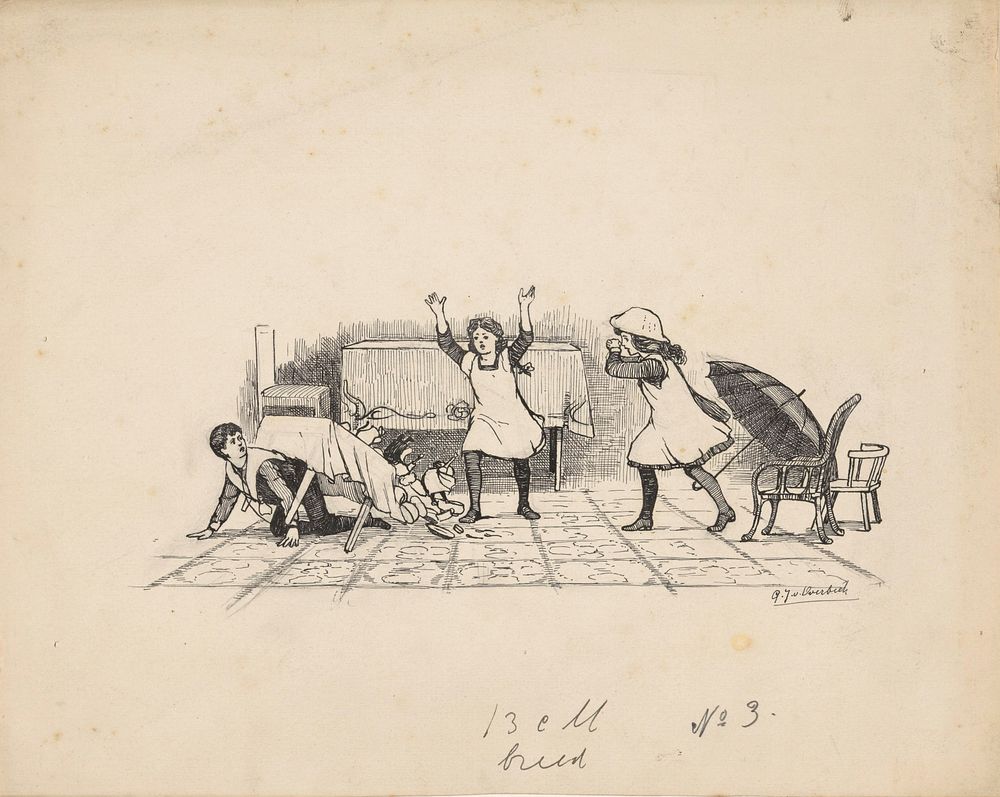 Spelende kinderen bij een omgevallen tafel (1892 - 1947) by Gijsbertus Johannes van Overbeek