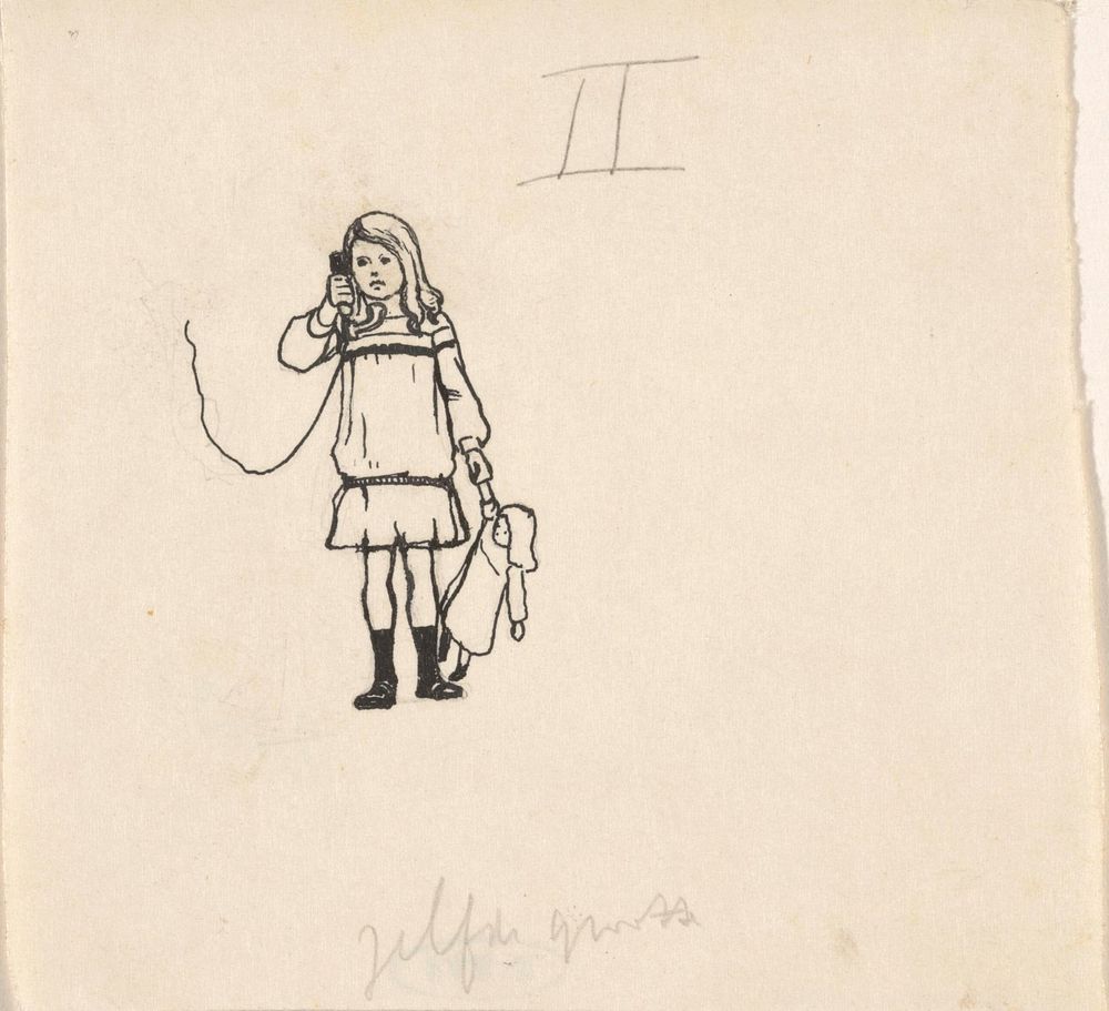 Telefonerend meisje met pop (1892 - 1947) by Gijsbertus Johannes van Overbeek