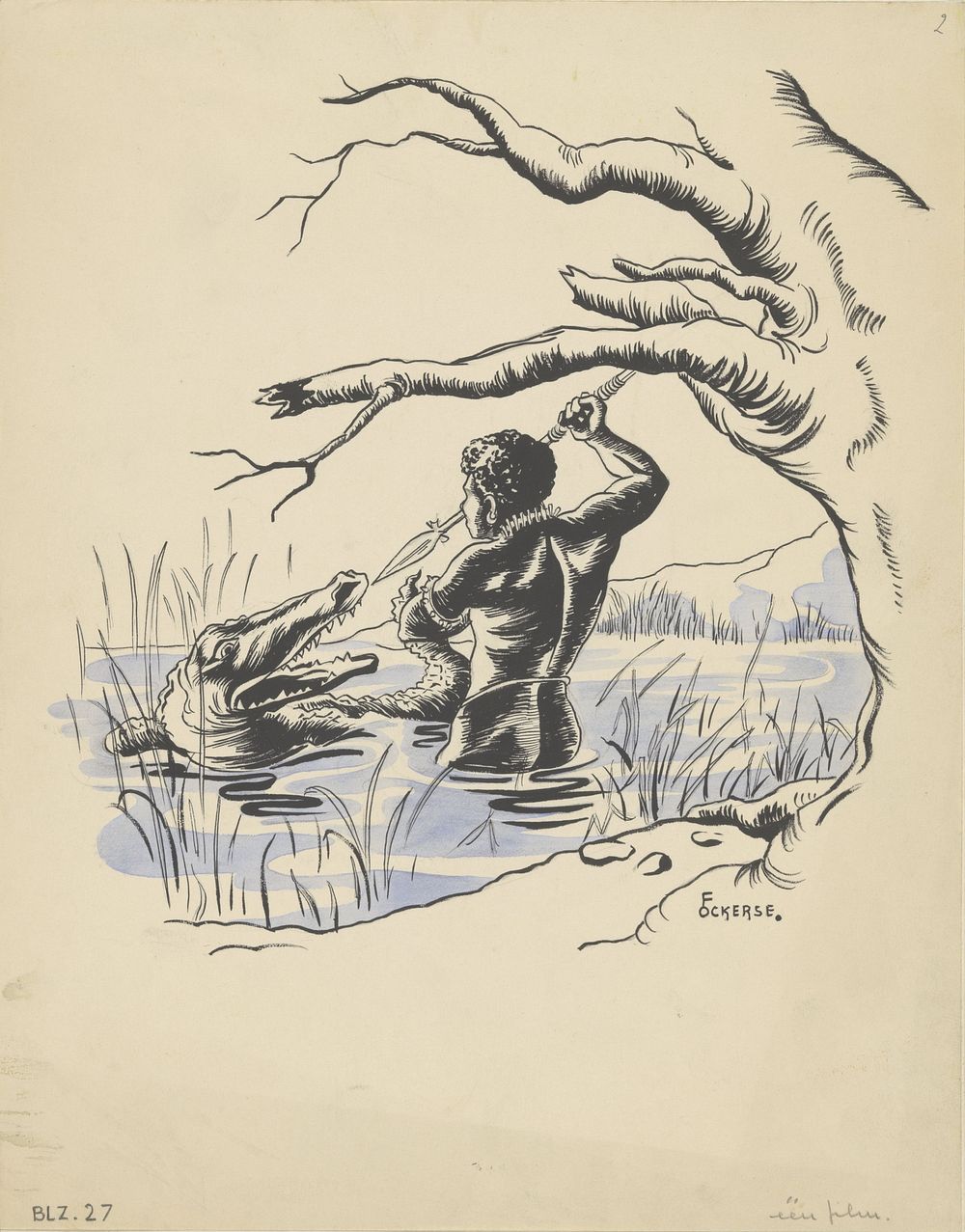 Jager valt een krokodil aan in een rivier (in or before 1936) by F Ockerse