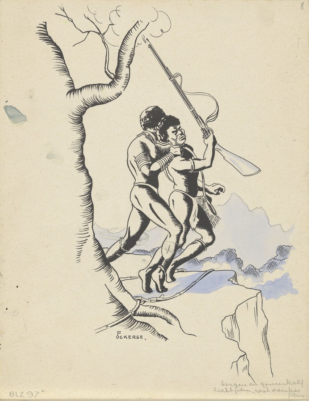 Man wurgt een jager met vuurwapen (in or before 1936) by F Ockerse