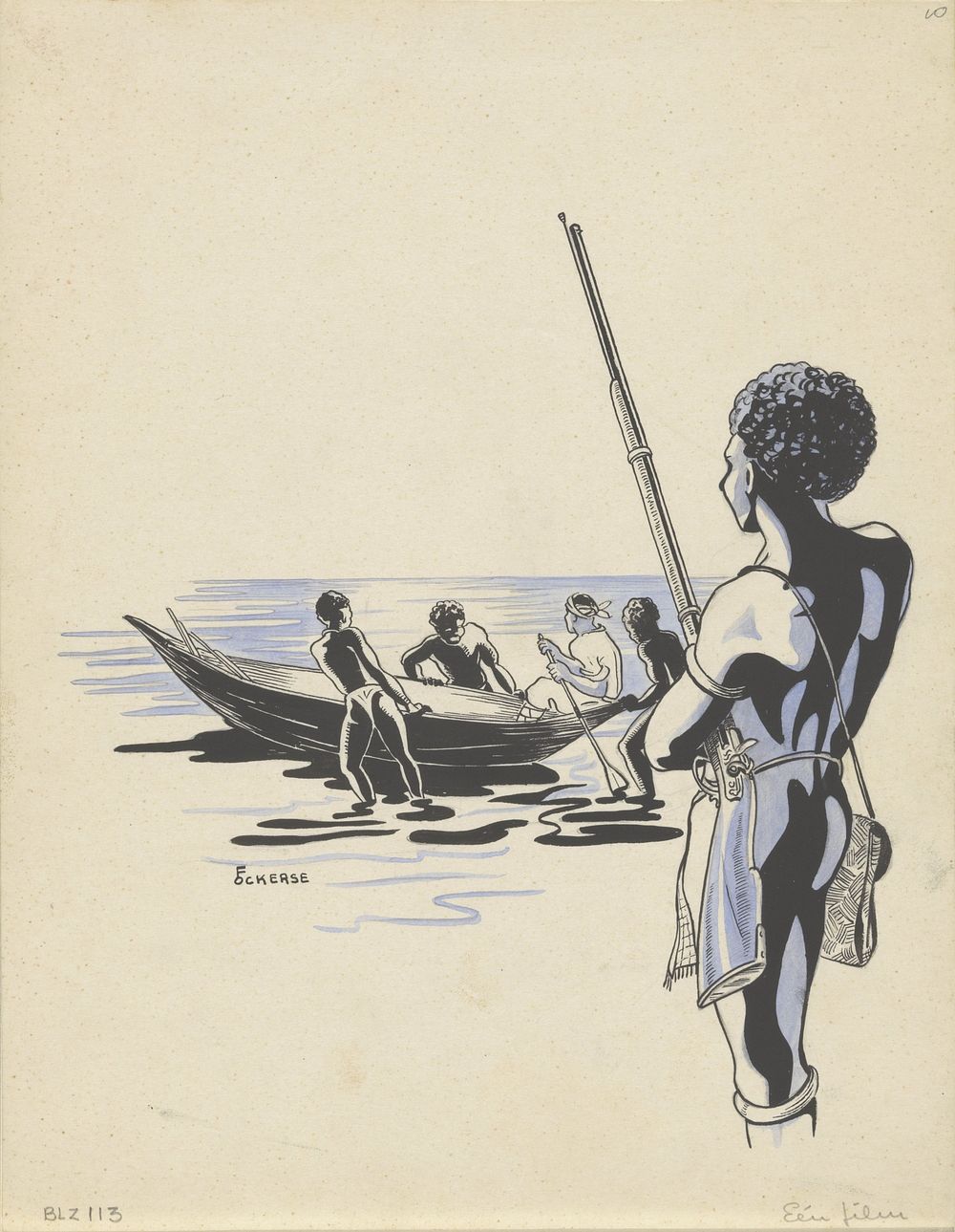 Nieuw-Guineese jager kijkt naar een vertrekkende boot (in or before 1936) by F Ockerse