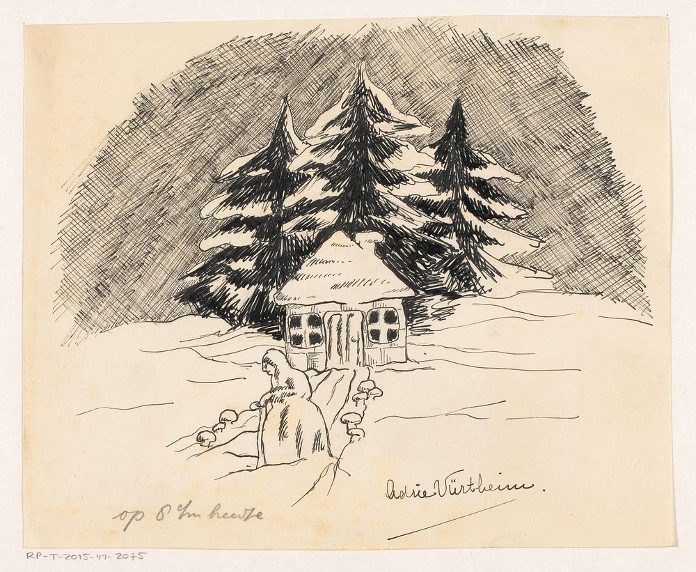 Sneeuwvrouw voor een hut in een winterlandschap (1917 - 1970) by Adrie Vürtheim