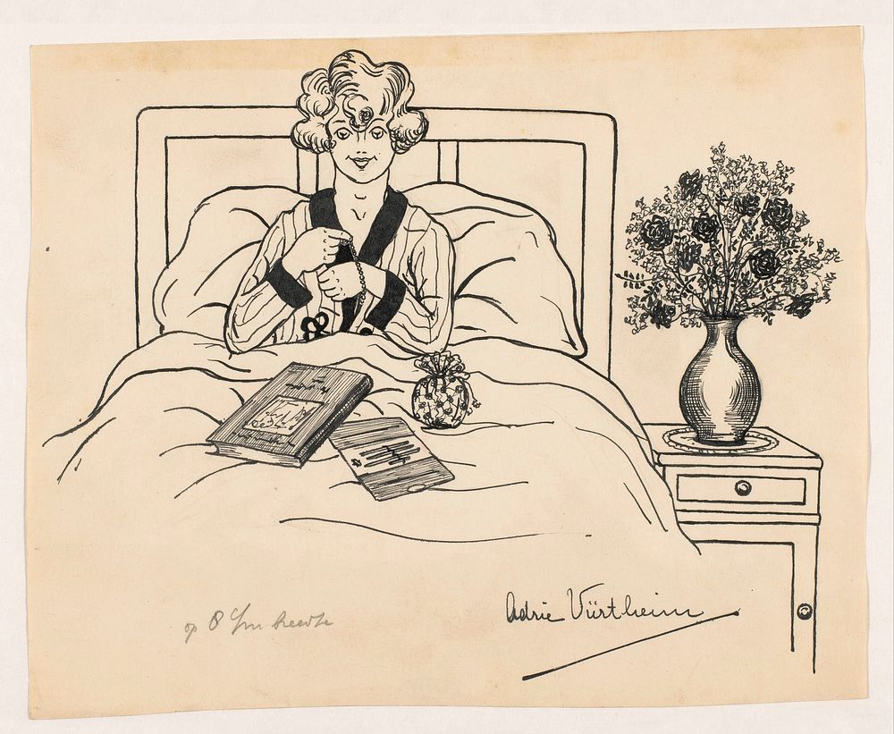 Vrouw doet armband om in bed (1917 - 1970) by Adrie Vürtheim
