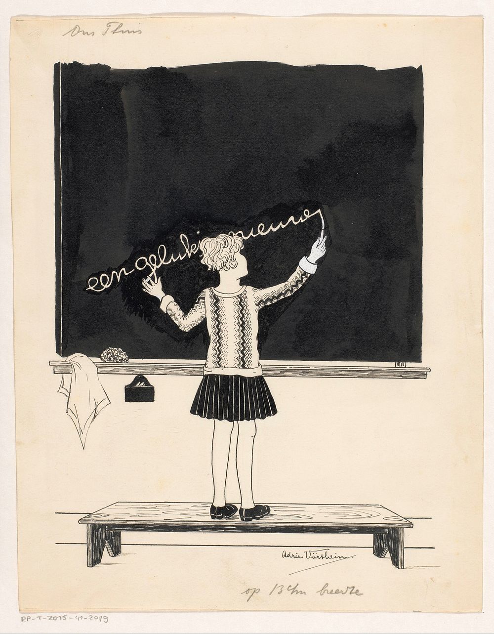 Meisje schrijft nieuwjaarswens op schoolbord (c. 1925 - c. 1935) by Adrie Vürtheim