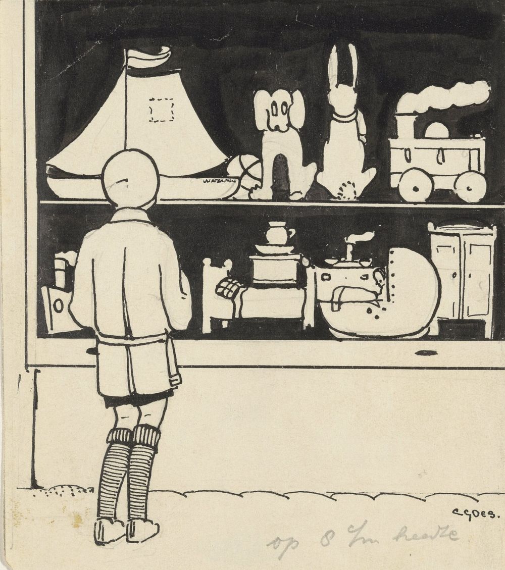 Dick kijkt naar de etalage van een speelgoedwinkel (in or before 1929) by C Goes