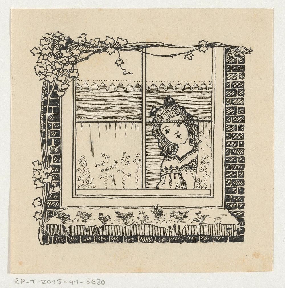 Meisje kijkt naar vogels op een vensterbank (c. 1890 - c. 1940)