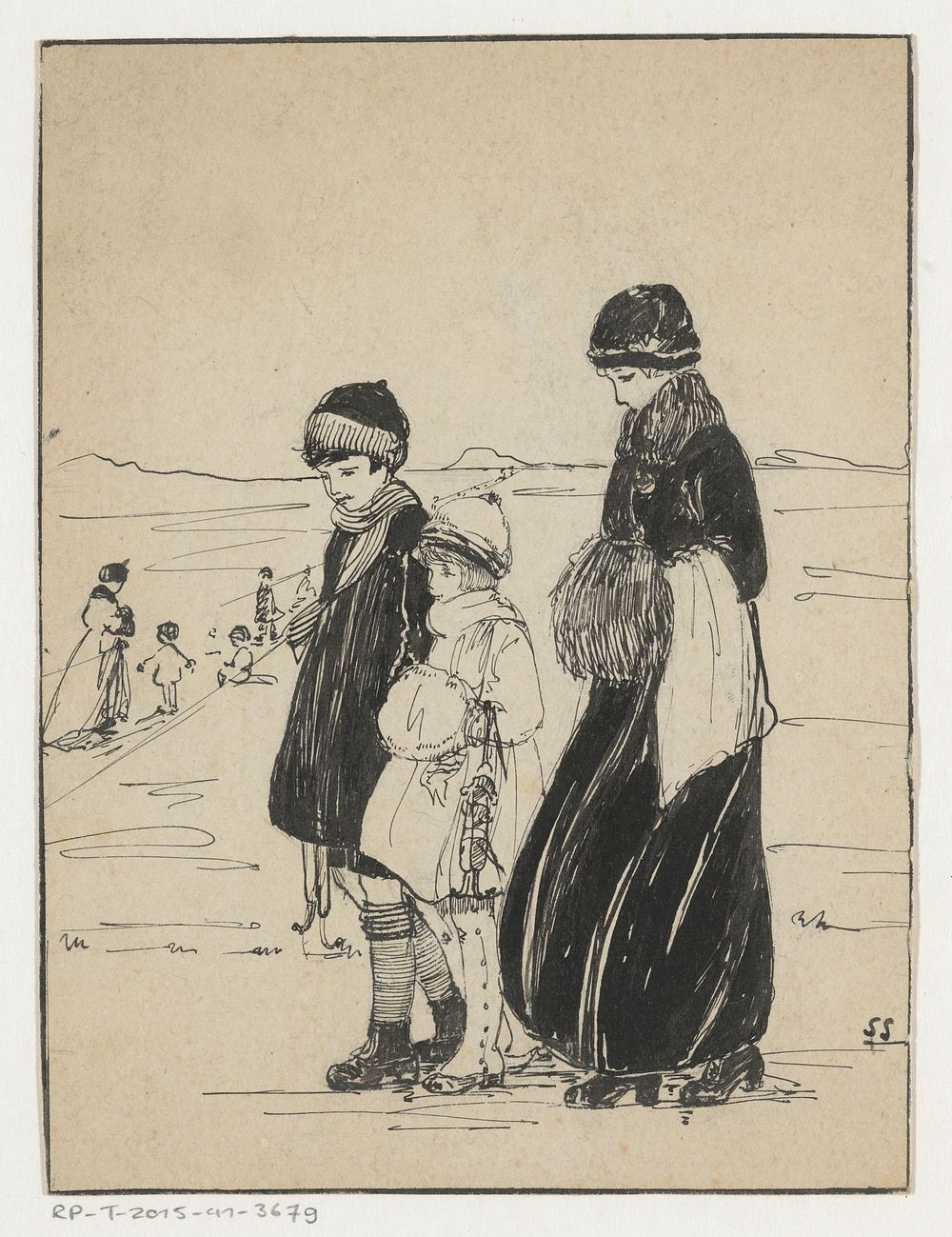 Vrouw en meisjes bij een schaatsbaan (c. 1880 - c. 1930)