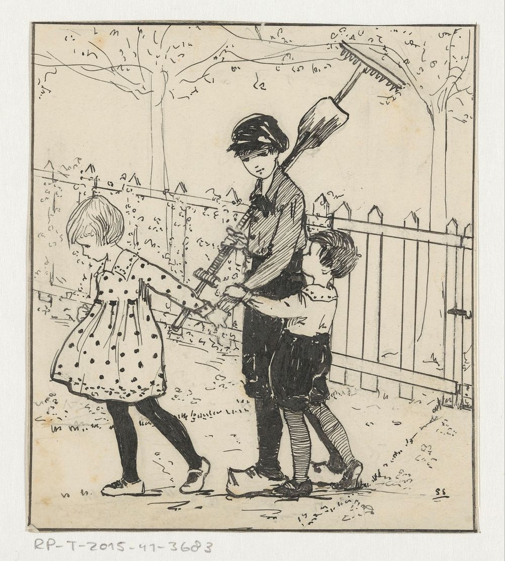 Kinderen trekken aan arm van een jongen (c. 1880 - c. 1930)