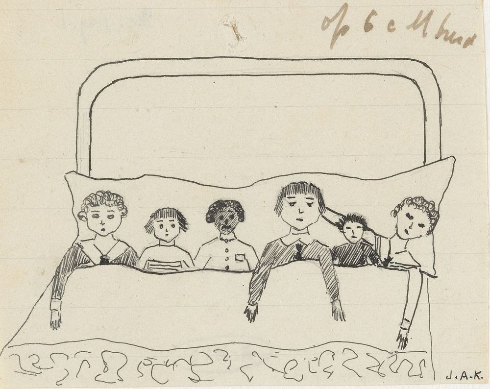 Zes poppen in bed (c. 1880 - c. 1930)