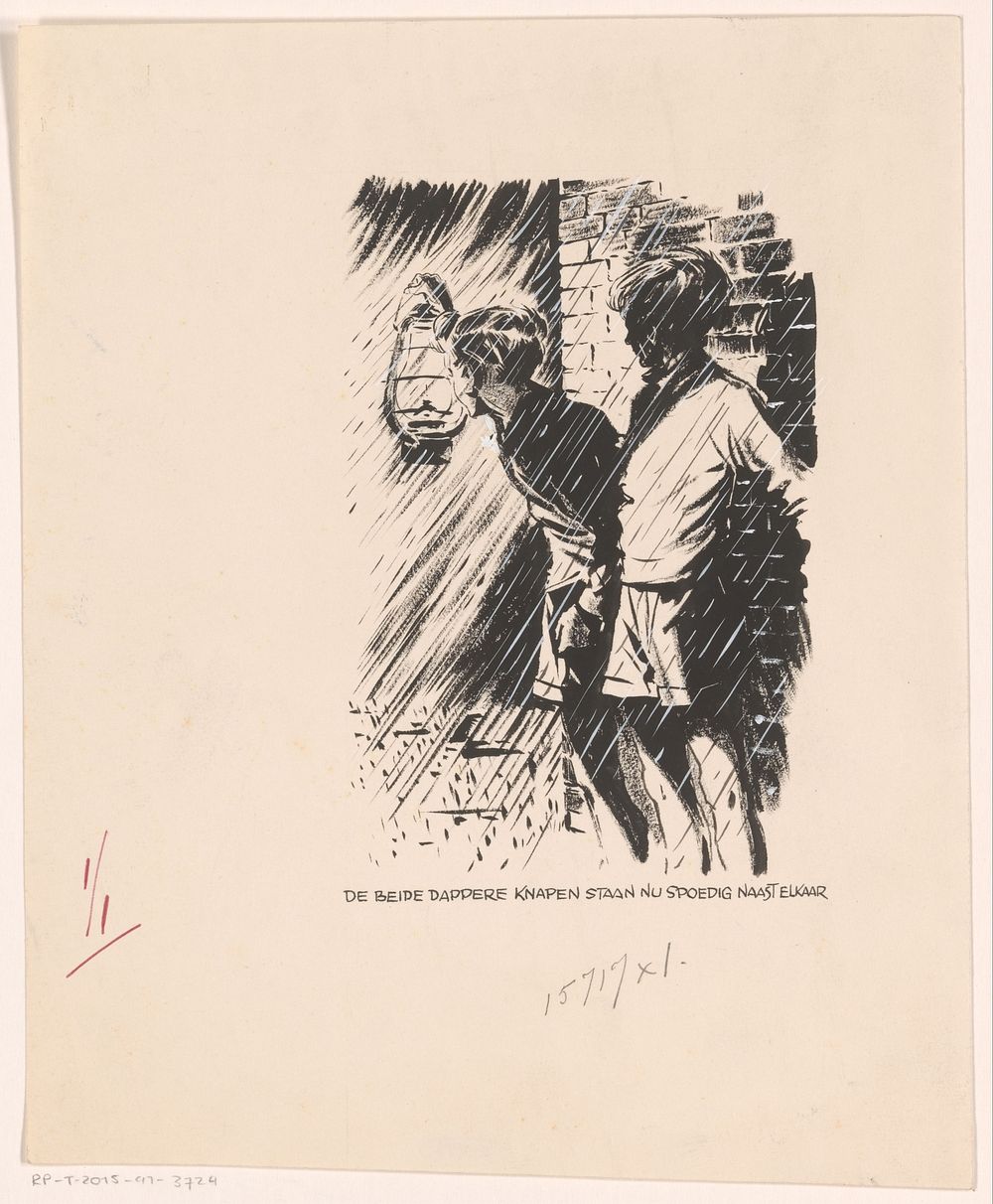 Twee jongens bij een muur in de regen (c. 1920 - c. 1950) by anonymous