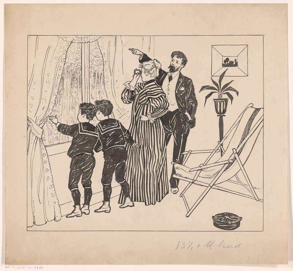 Vader, moeder en zoons bij een venster (c. 1880 - c. 1920) by anonymous