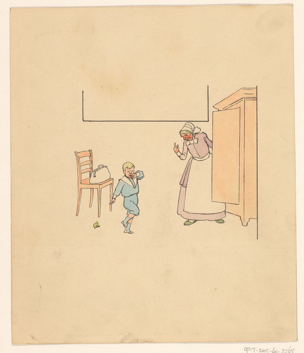 Vrouw en huilende jongen bij een kast (c. 1880 - c. 1910) by anonymous