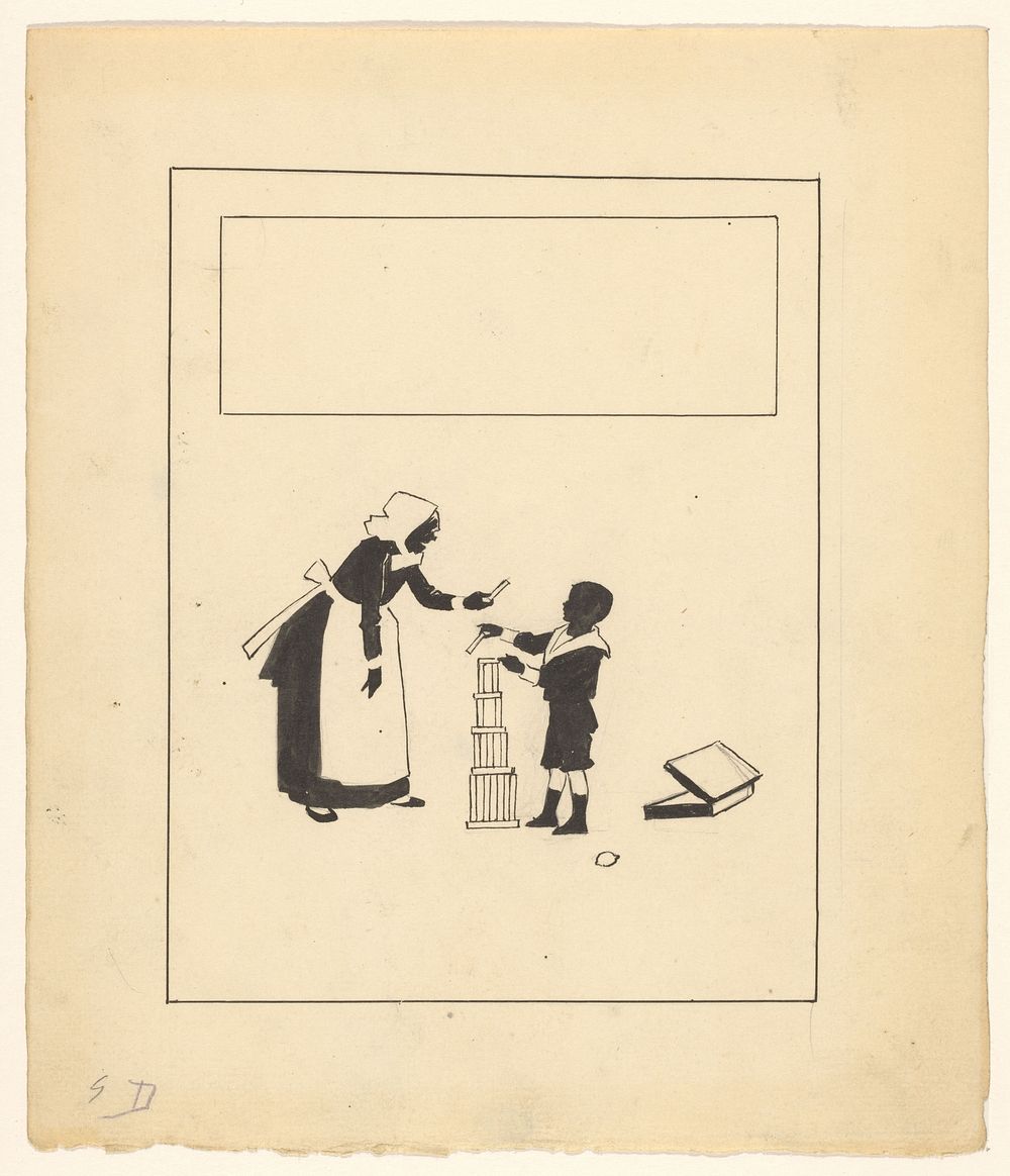Vrouw en jongen bouwen een blokkentoren (c. 1880 - c. 1910) by anonymous