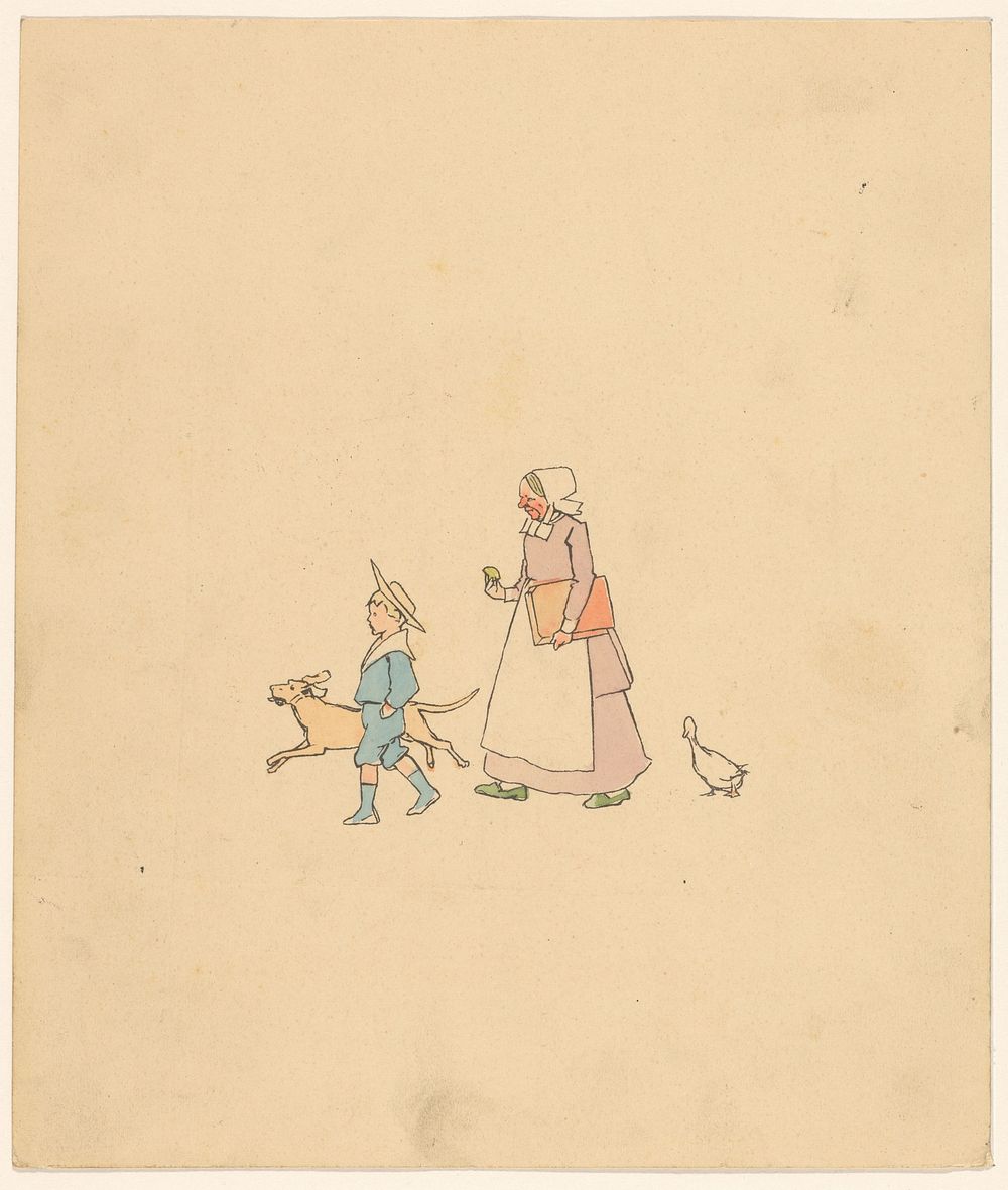 Lopende jongen, hond, vrouw en gans (c. 1880 - c. 1910) by anonymous