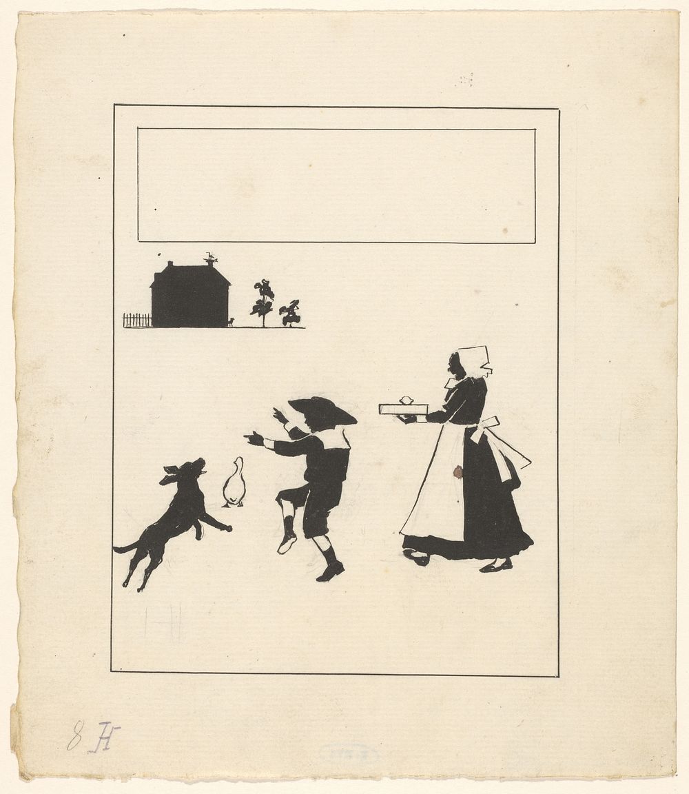 Groep mensen en dieren loopt richting een huis (c. 1880 - c. 1910) by anonymous