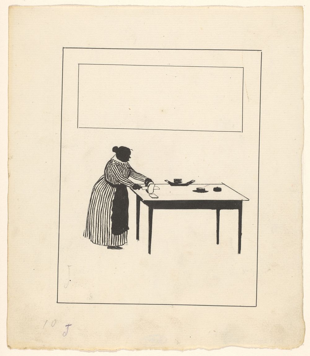 Vrouw snijdt brood aan een tafel (c. 1880 - c. 1910) by anonymous
