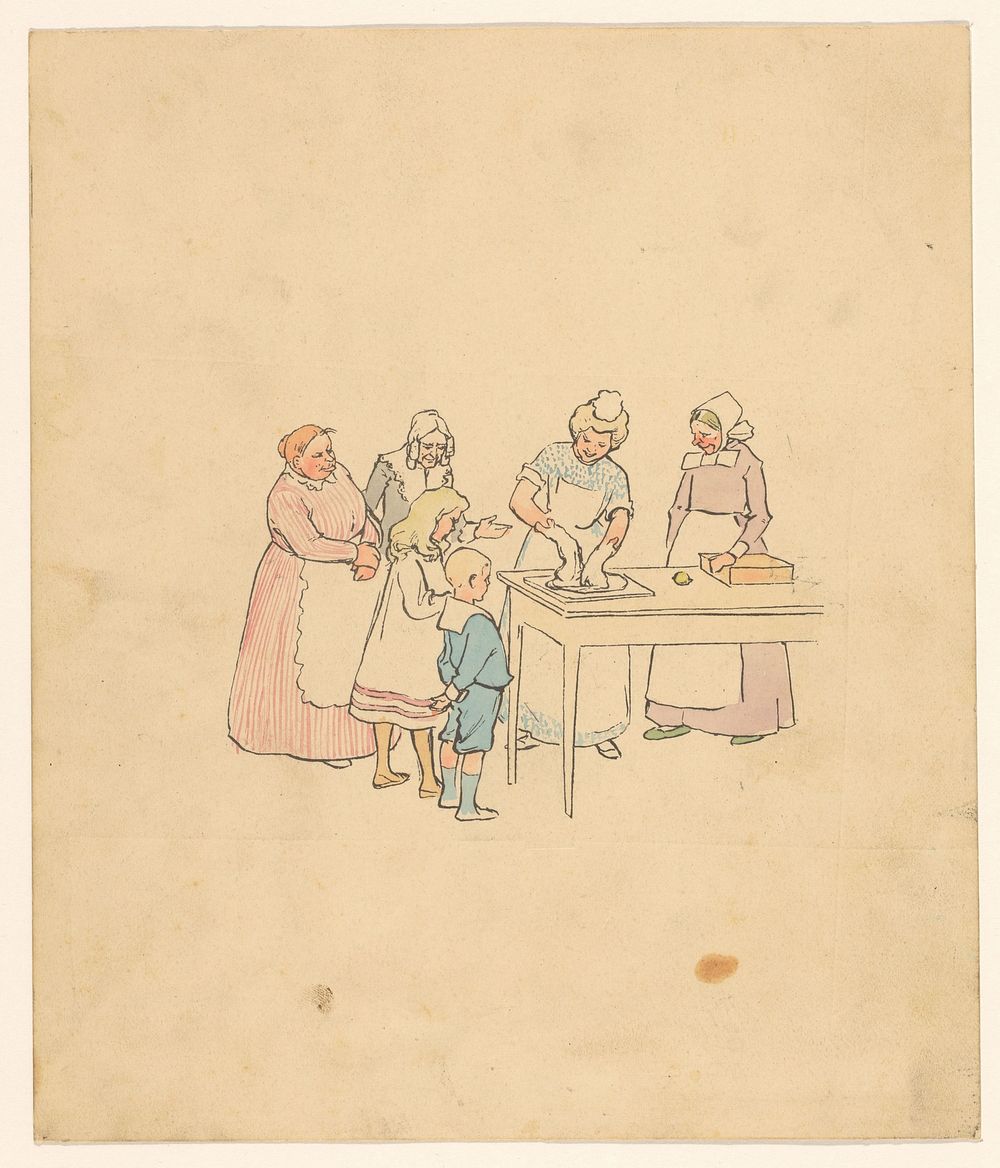 Groep kijkt naar vrouw die deeg kneedt (c. 1880 - c. 1910) by anonymous